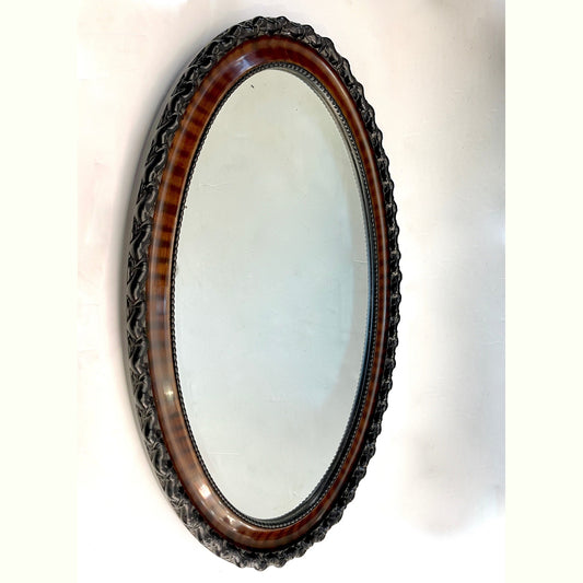 Antique English Edwardian Ebony Macassar Veneer Black Brown Oval Mirror