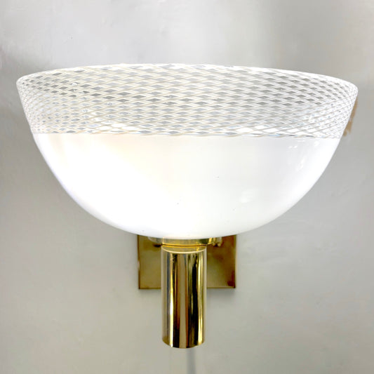 Venini 1960s Italian Art Deco Design White Murano Glass Bowl Brass Wall Lights