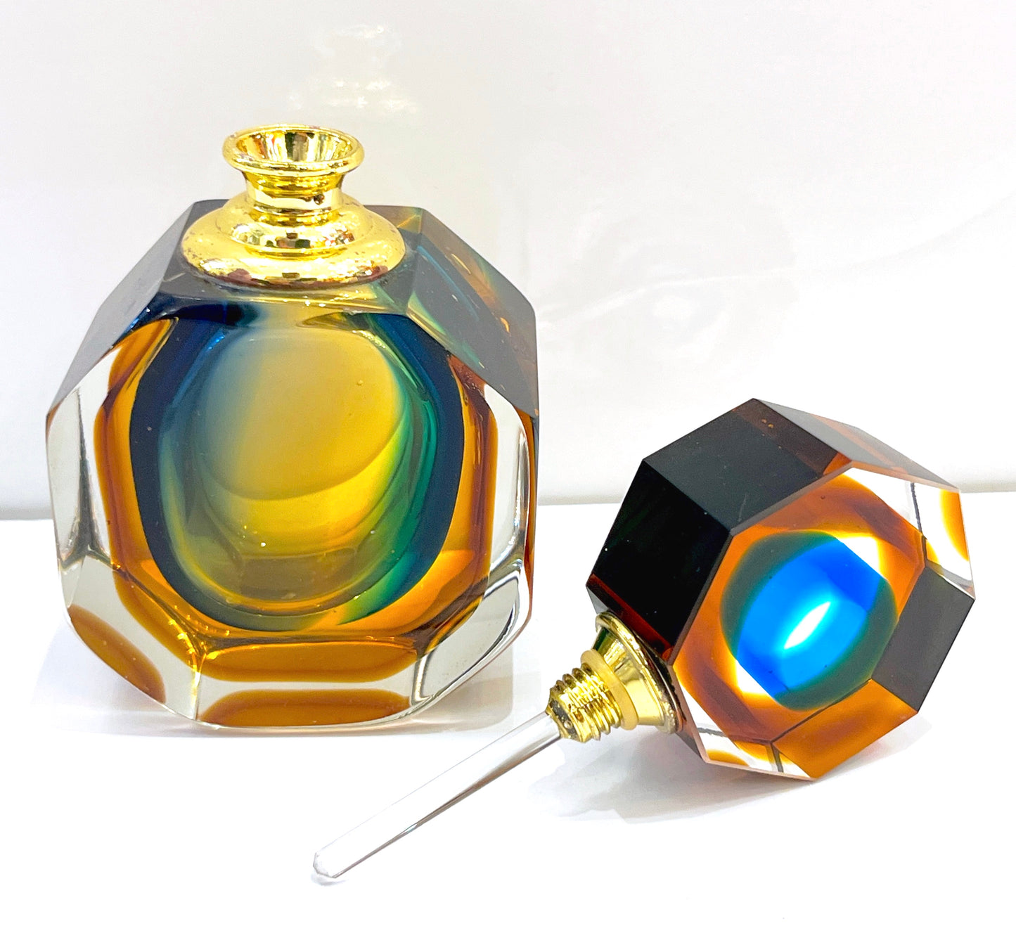 1990s Modern Italian Blue Green Amber Murano Glass Diamond Cut Perfume Bottle