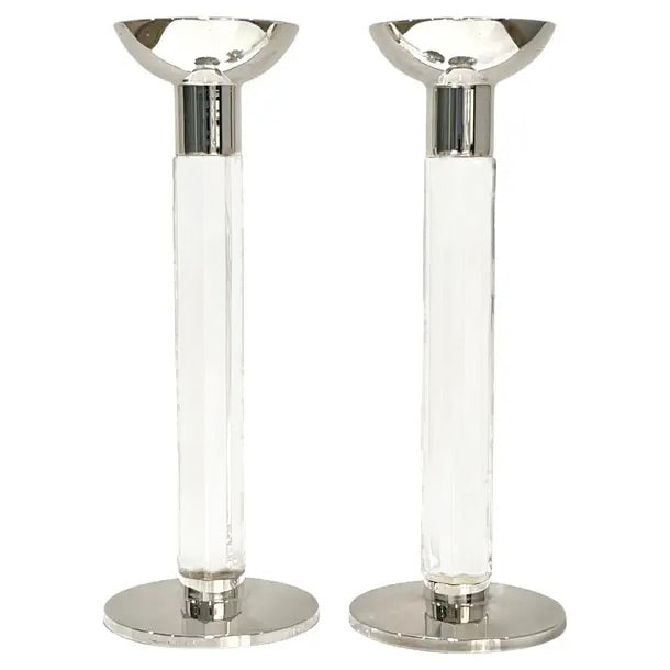 1970s Mid Century Modern French Pair of Crystal & Chrome Faceted Candle Holders
