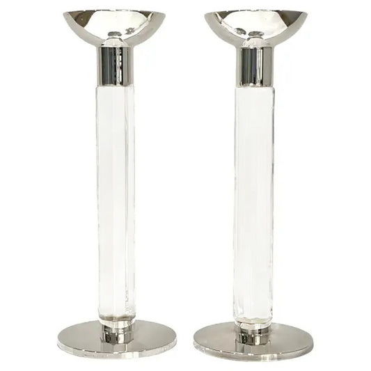 1970s Mid Century Modern French Pair of Crystal & Chrome Faceted Candle Holders