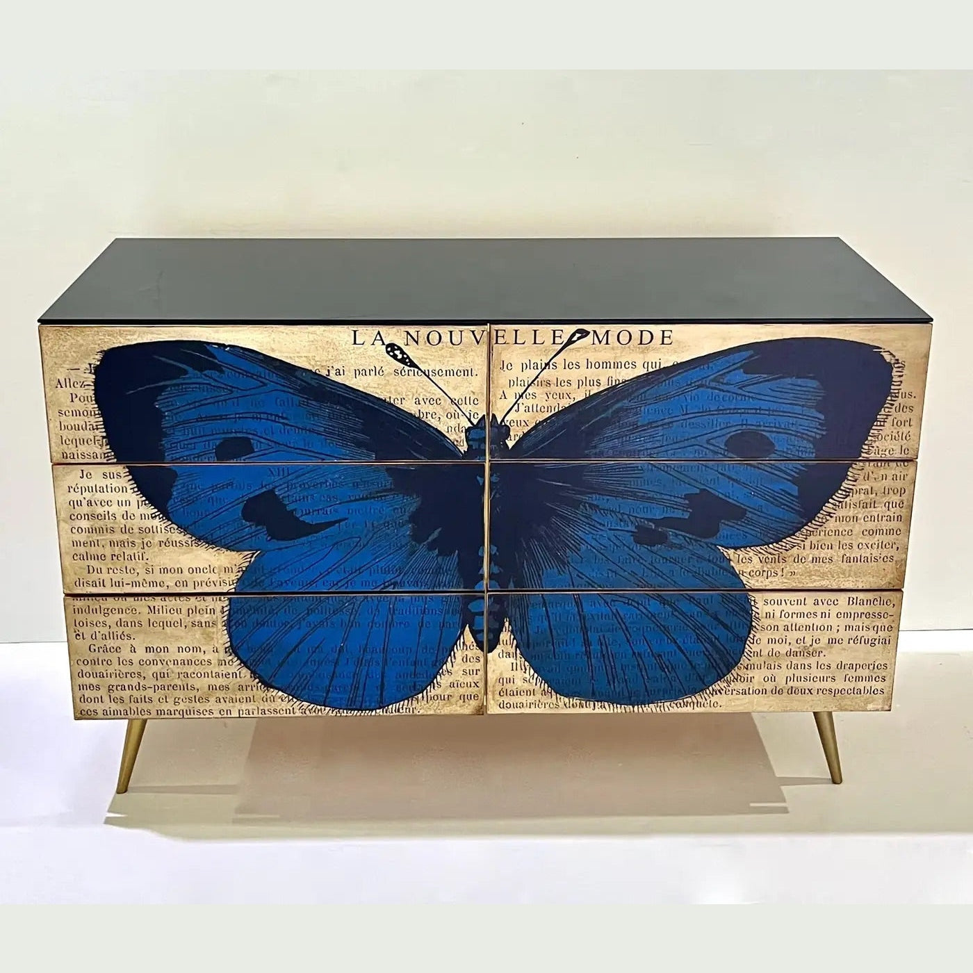 Custom Italian Printed Pop Art Black Blue Butterfly Lacquer Wood Chest/Sideboard