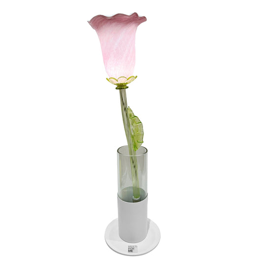 Italian Design Organic Modern Pink Art Glass Lit Flower White Vase/Table Lamp