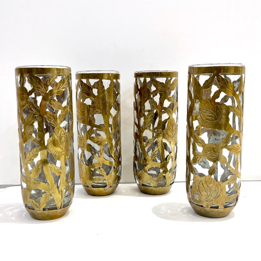 1960 Mexican Set 4 Drinking Glasses Encased in Etched Cutwork Floral Brass Decor