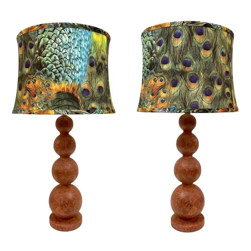 Italian Art Deco Style Pair of Red Travertine Sphere Table Lamps Peacock Shades