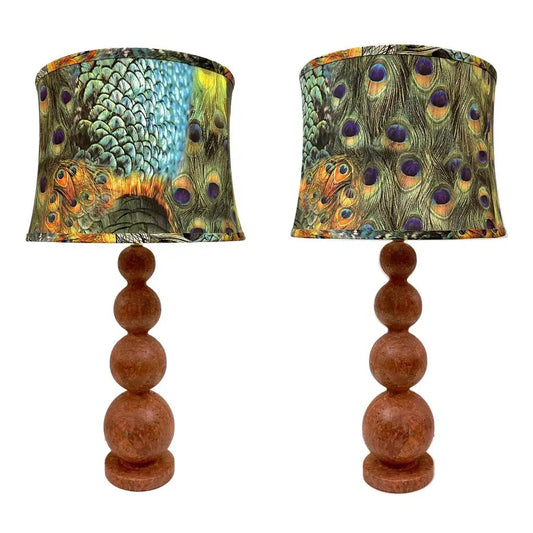Italian Art Deco Style Pair of Red Travertine Sphere Table Lamps Peacock Shades