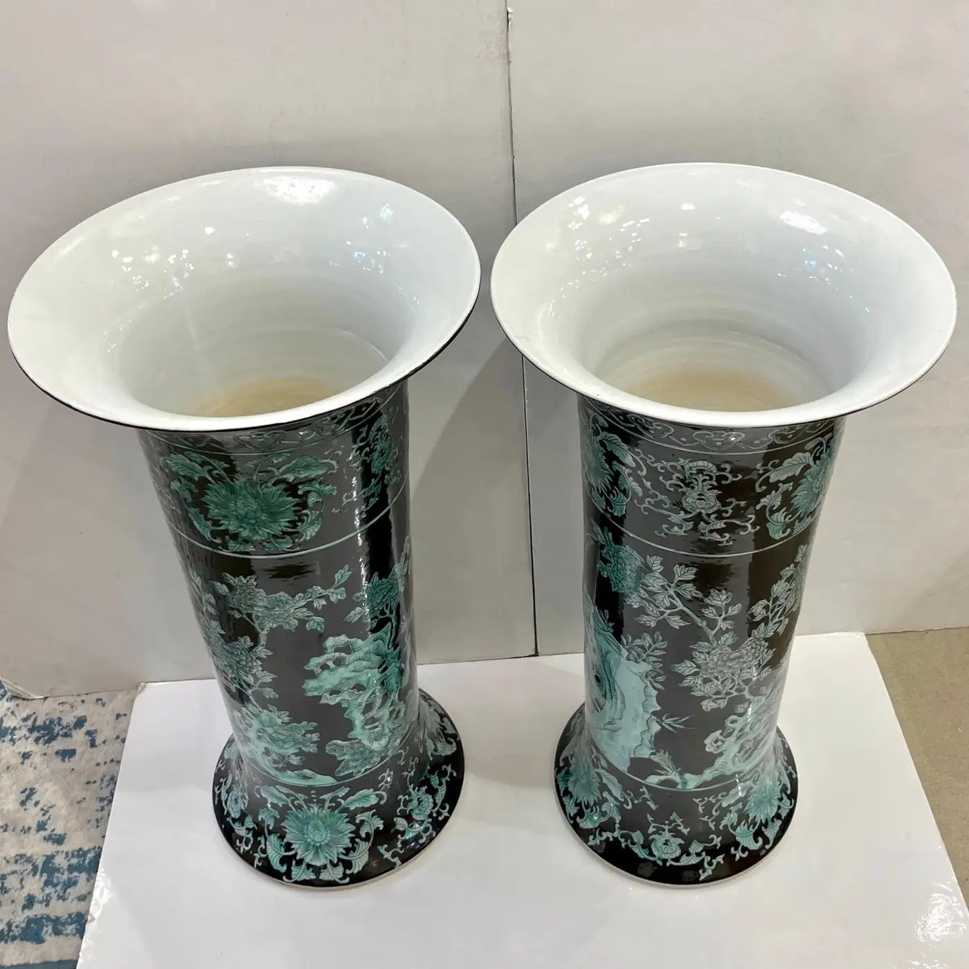 Pair Mid-20th Century Chinese Export Jet Black Green Porcelain Tall Roll Vases