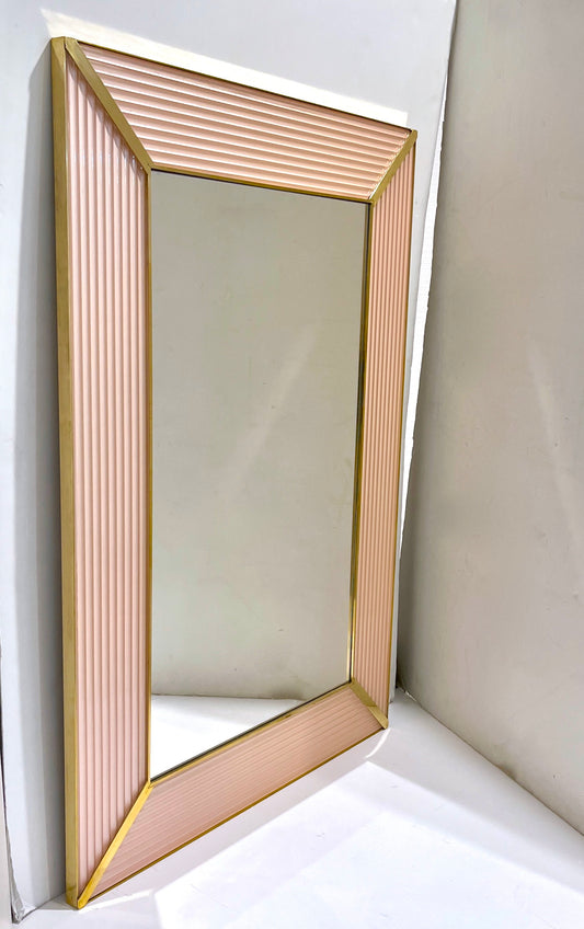Bespoke Italian Art Deco Design Iridescent Pink Fluted Murano Glass Brass Mirror