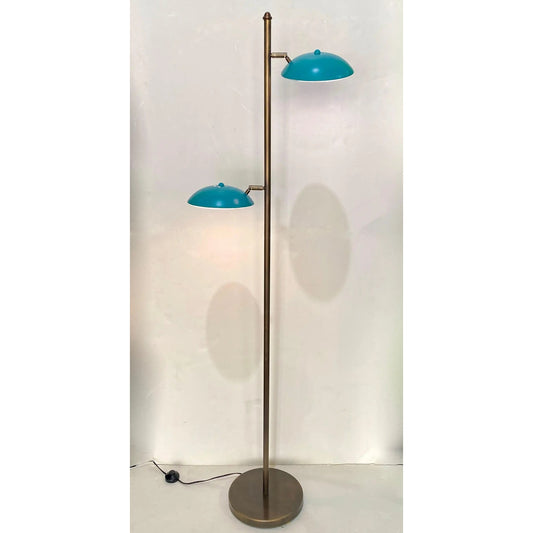 Italian Mid Century Modern Style Sea Blue Lacquer Adjustable Bronzed Floor Lamp