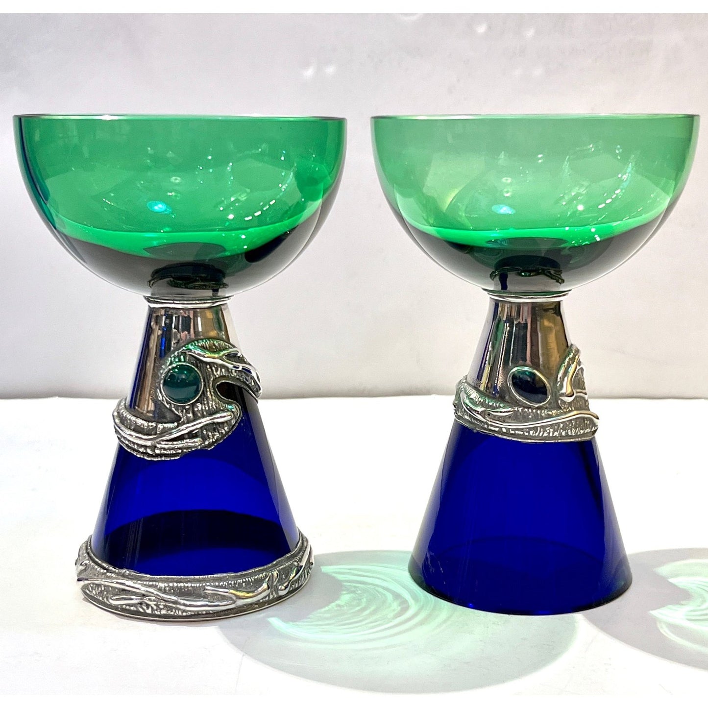 1980 Domar Israel Art Nouveau Style Green Cobalt Blue Glass Silver Vase Glasses