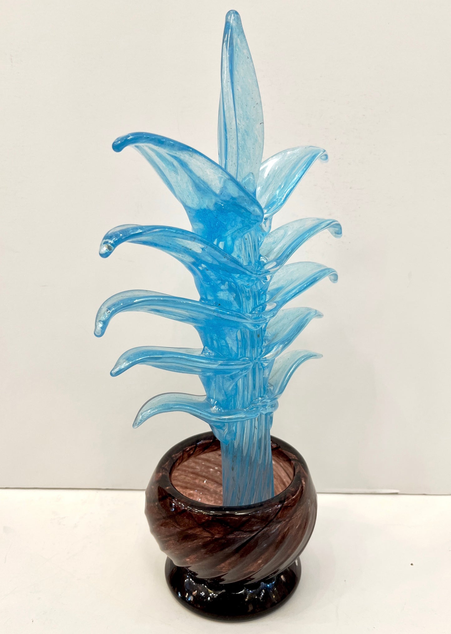 1990s Italian Sky Blue Leaves Murano Art Glass Cactus Plant in Purple Pot