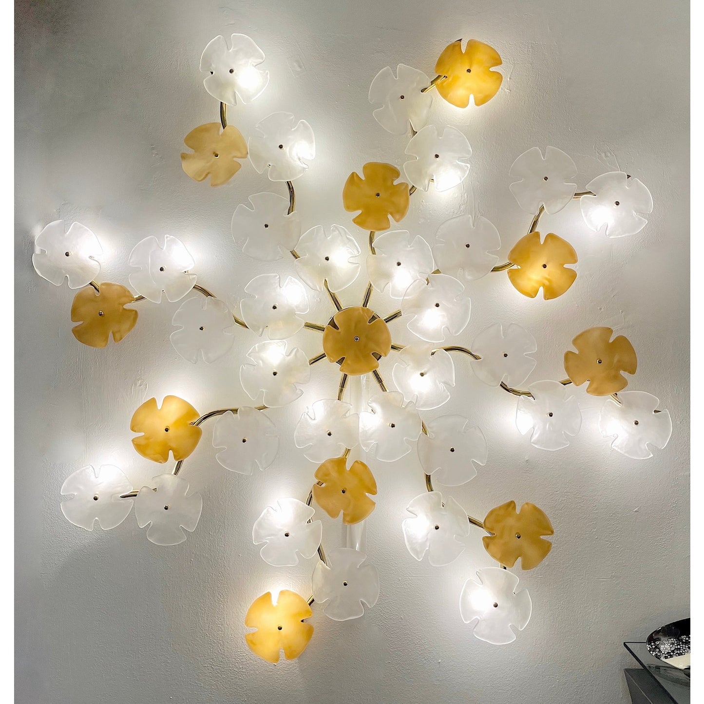 Italian Contemporary Satin White Gold Murano Glass Flower Art Wall/Ceiling Light