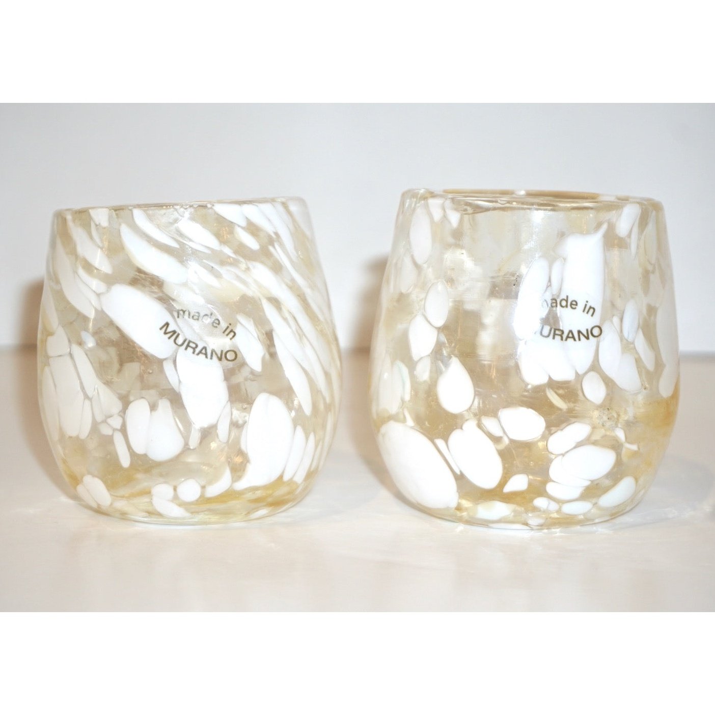 Italian Mottled Murano Glass Modern Pair of Drinking Glasses with White Murrine