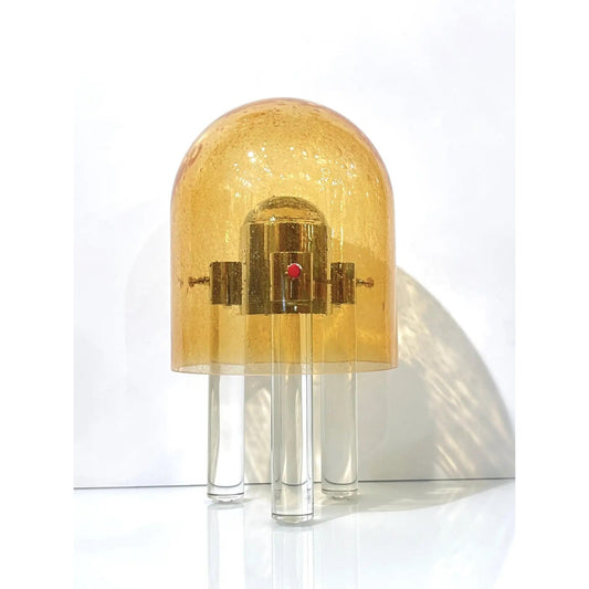 Wireless Italian Dimmable Amber Murano Glass Space Age Gold Brass Table Lamp