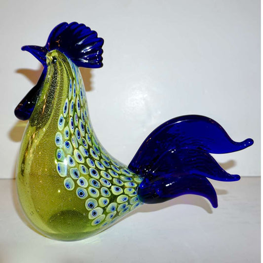 1980s Pair of Italian Vintage Silver Navy Blue Green Murano Art Glass Hen Bird Sculptures