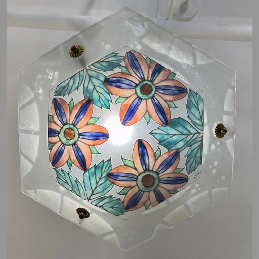 1930 French White Turquoise Pink Enamel Art Glass Brass Chain Pendant Chandelier