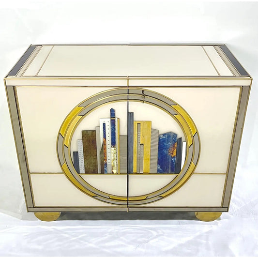 Italian Bespoke Modern Ivory Cabinets with Blue Gold White New York City Outline