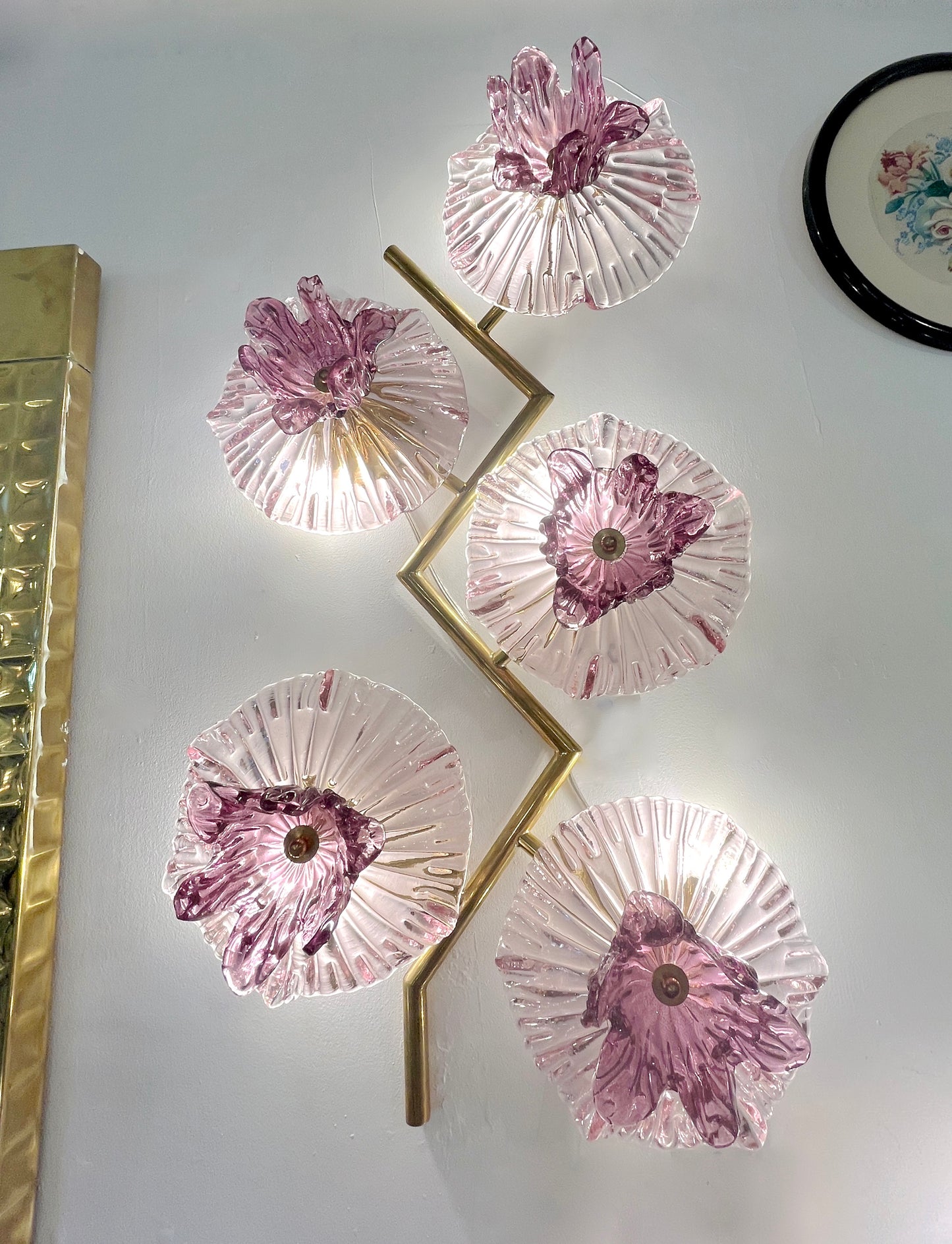 Italian Modern Pair of Pink Amethyst Murano Glass Flower Branch Wall Sconces