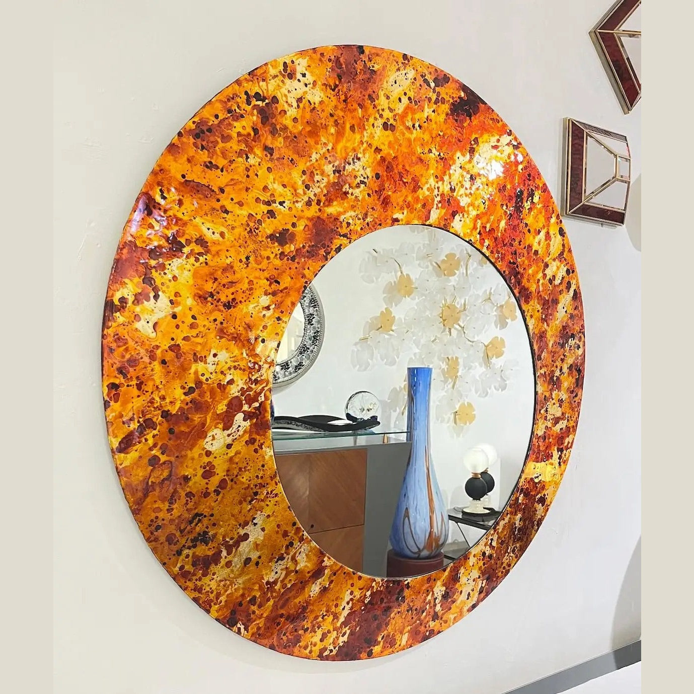 Contemporary Italian Postmodern Orange Copper Enamel Fiber Glass Round Mirror