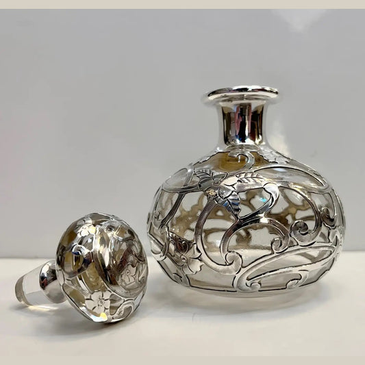 French Art Deco Sterling Silver Flower Overlay Crystal Glass Perfume Bottle