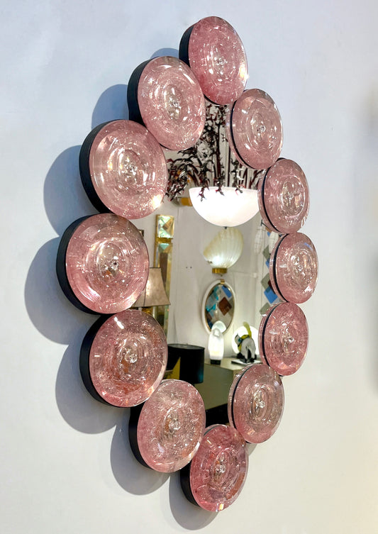 Contemporary Italian Custom Blush Pink Murano Glass Disc Modern Oval Mirror