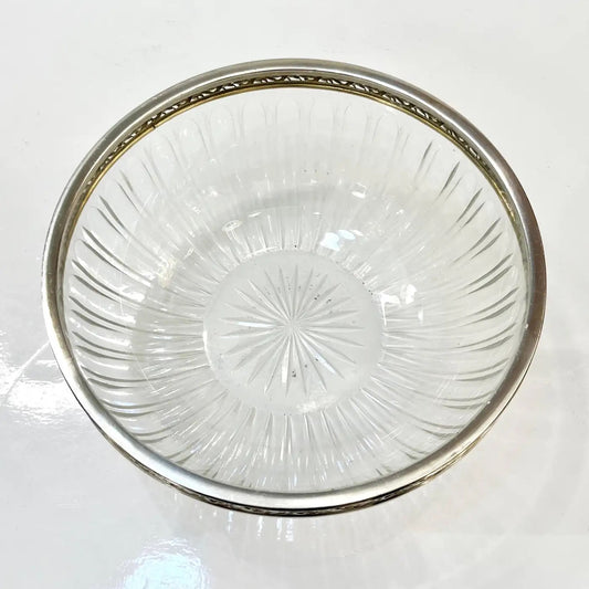 Antique French Neoclassical Foliage Decor Silver Plated Rim Cut Crystal Bowl