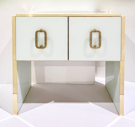 Modern Italian Custom Design Brass Edged Ivory White 2 Door Cabinet/Bar