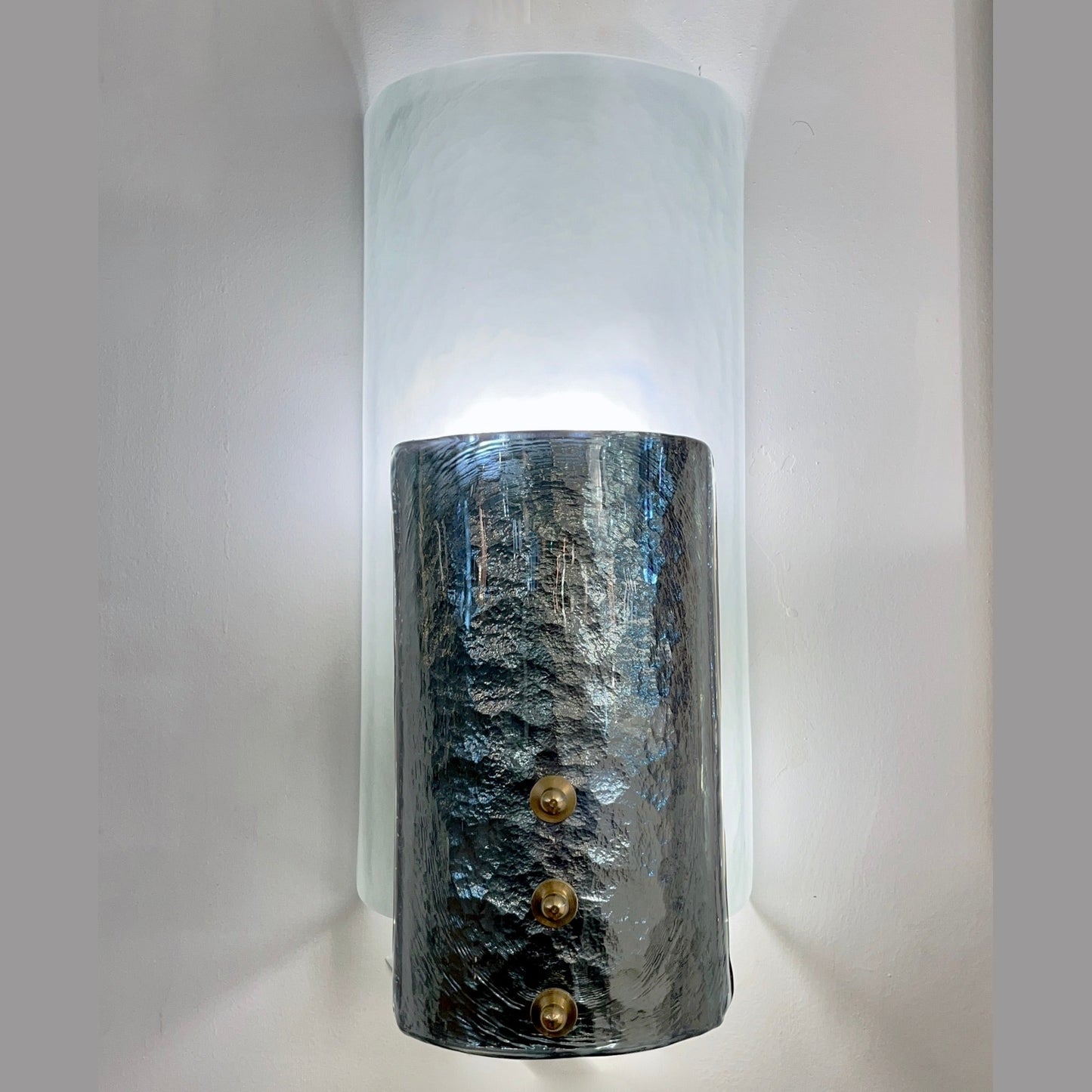 Italian Pair Modern Curved Aqua Silver Blue Texture Murano Glass Graphic Sconces