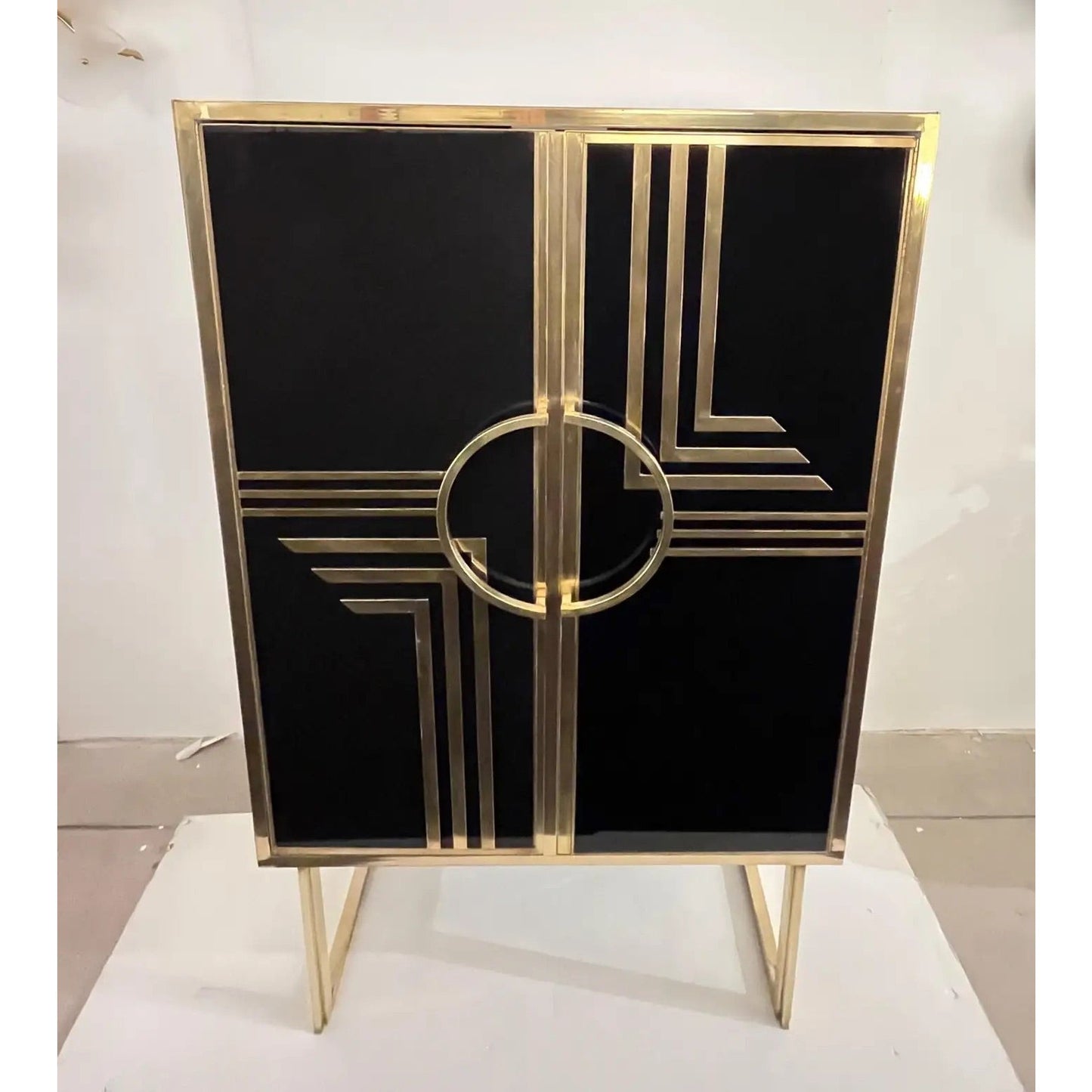 1970s Italian Vintage Art Deco Geometric Gold Brass & Black Glass Tall Cabinet