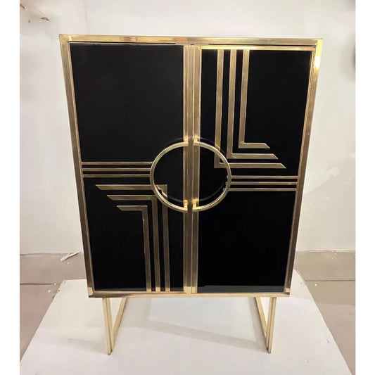 1970s Italian Vintage Art Deco Geometric Gold Brass & Black Glass Tall Cabinet