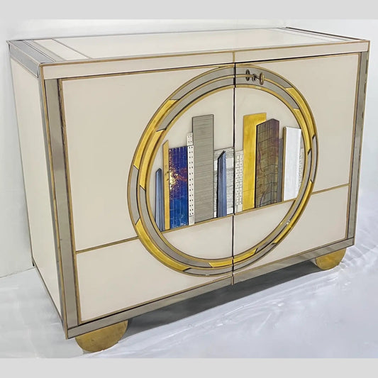 Italian Bespoke Modern Ivory Cabinets with Grey Gold White New York City Outline