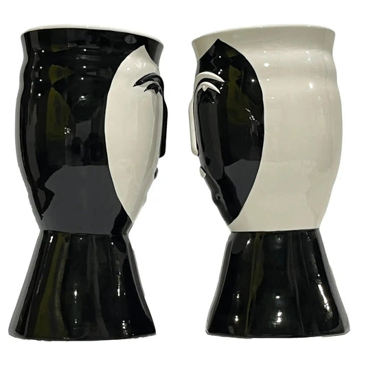 Vintage Italian Bassano Ceramic Pair of Black White Faces Bust Shape Large Vases