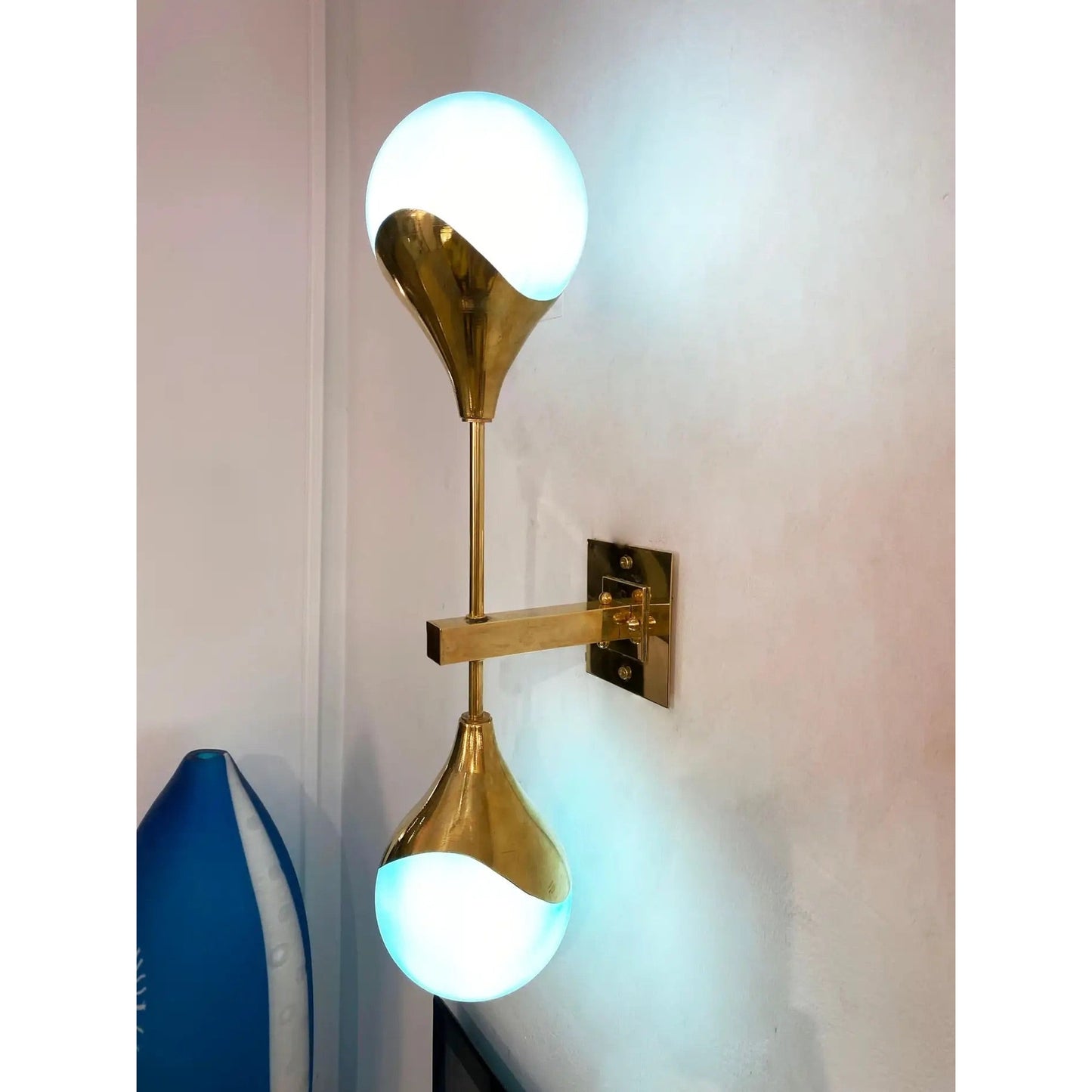 Contemporary Italian Single Two Globe Turquoise Murano Glass Brass Sconce