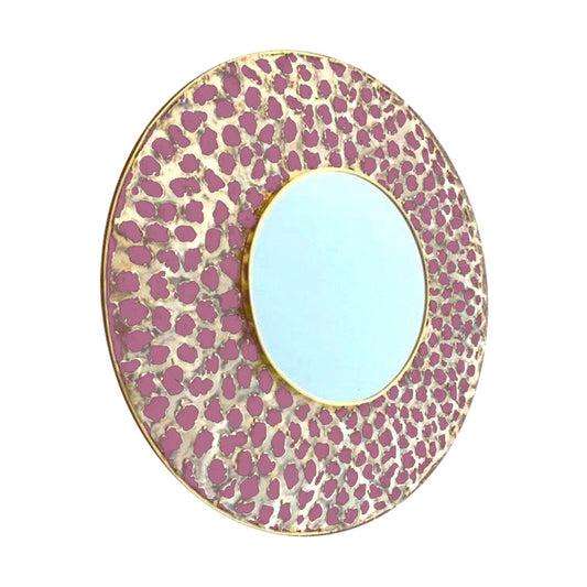 Italian Brutalist Perforated Rose Pink Lacquer & Gold Brass Modern Round Mirror