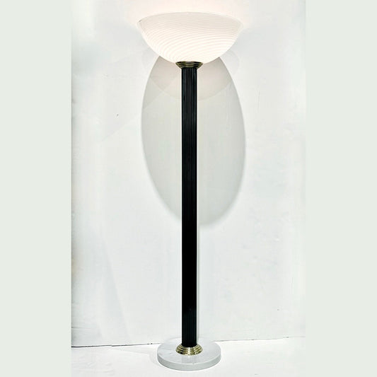 1950s Antique Art Deco Design White Murano Glass Black Lacquered Wood Floor Lamp