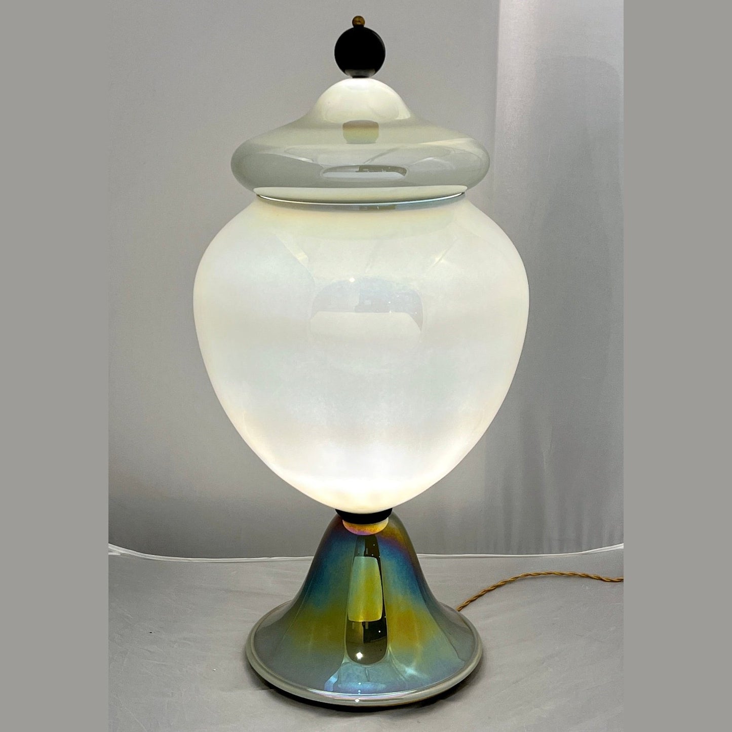 1990s Italian Pair of Tall Iridescent Glass Lamps / Urns Attributed to Seguso