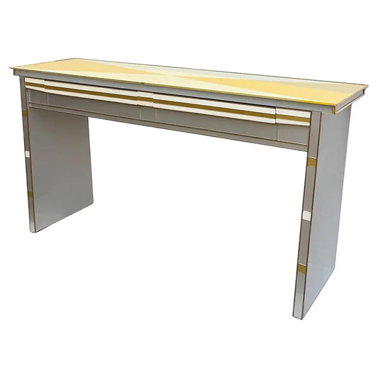 1970s Vintage Italian Art Deco Design Silver White Gold Glass 2-Drawer Console