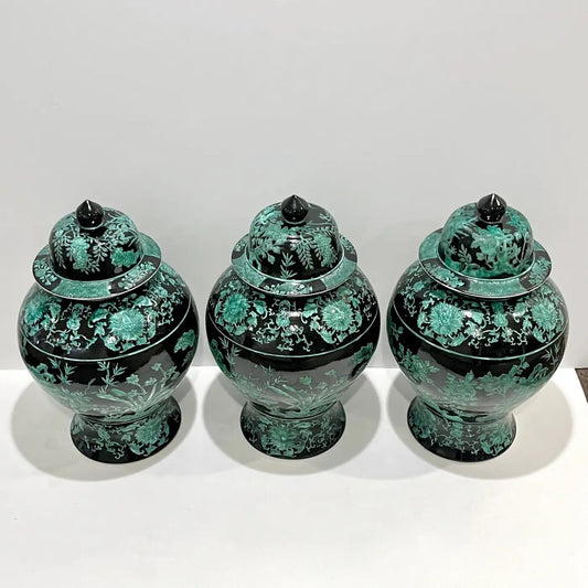 Set 3 Mid-20th Century Chinese Export Black Green Tall Baluster Jars with Cover