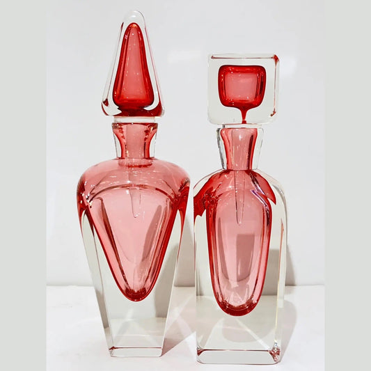 Modern Italian Fuchsia Coral Pink Crystal Murano Glass Set of 2 Tall Bottles