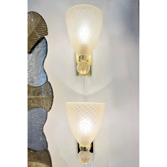 Contemporary Italian Art Deco Design Crystal Gold Frosted Murano Glass Sconces