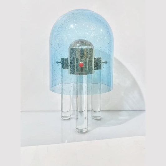 Wireless Italian Dimmable Sky Blue Murano Glass Space Age Nickel Table Lamp