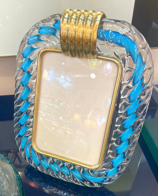Italian Barovier Toso Brass & Turquoise Crystal Murano Glass Modern Photo Frame