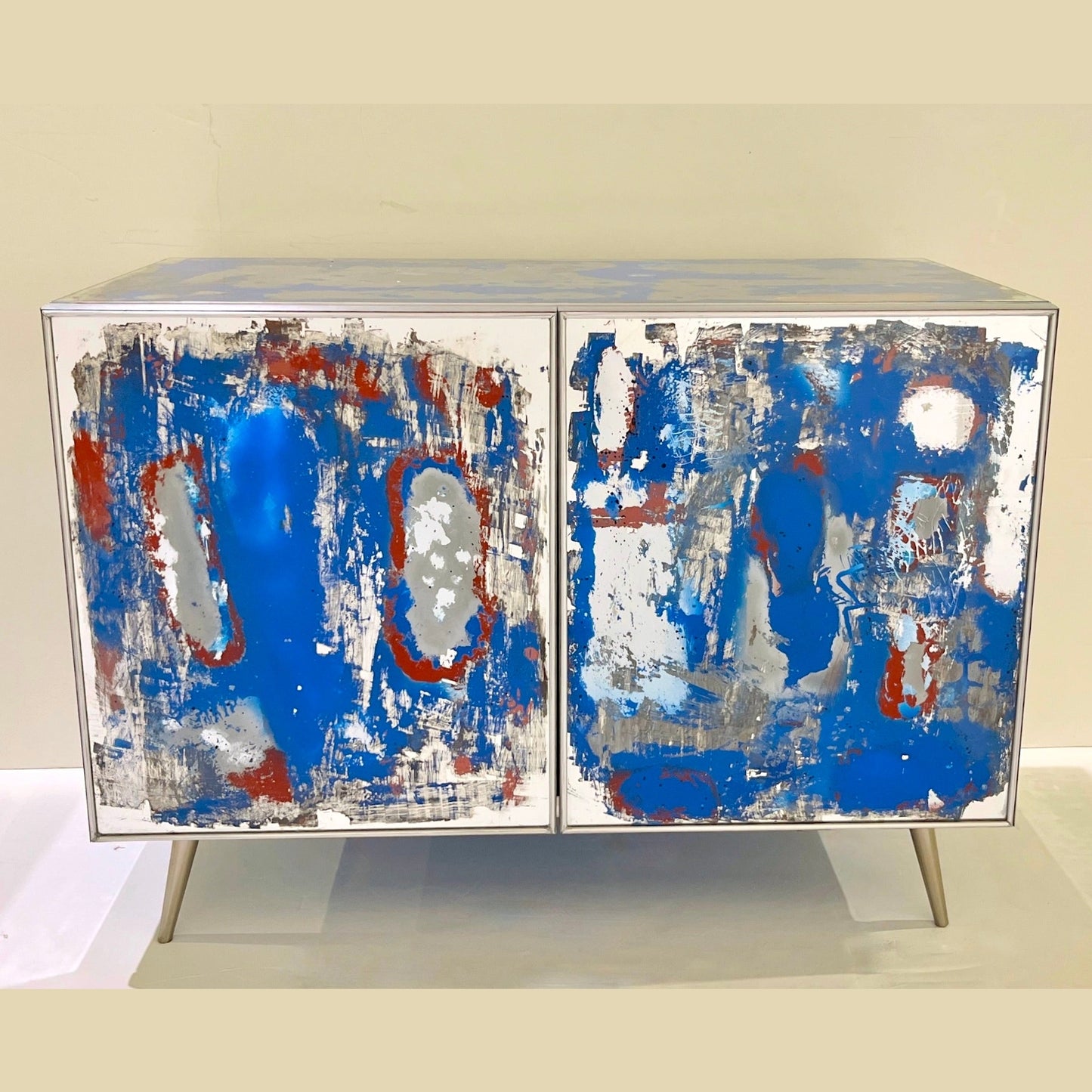 Italian Post Modern Abstract Art Blue Terracotta Brown Steel Mirrored Cabinet