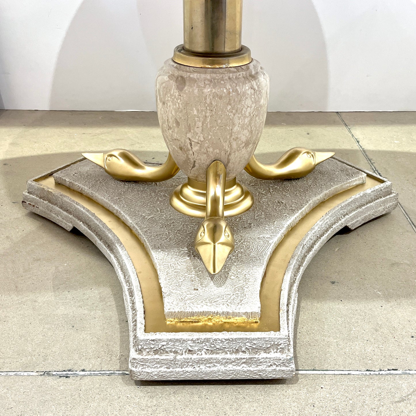 Italian Vintage Neoclassical Hollywood White Marble Center Table Brass Swan Base