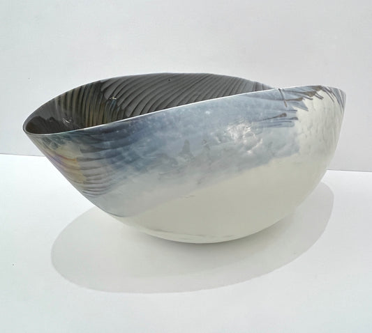 2000 Italian Blue Gray White Taupe Iridescent Murano Glass Monumental Shell Bowl