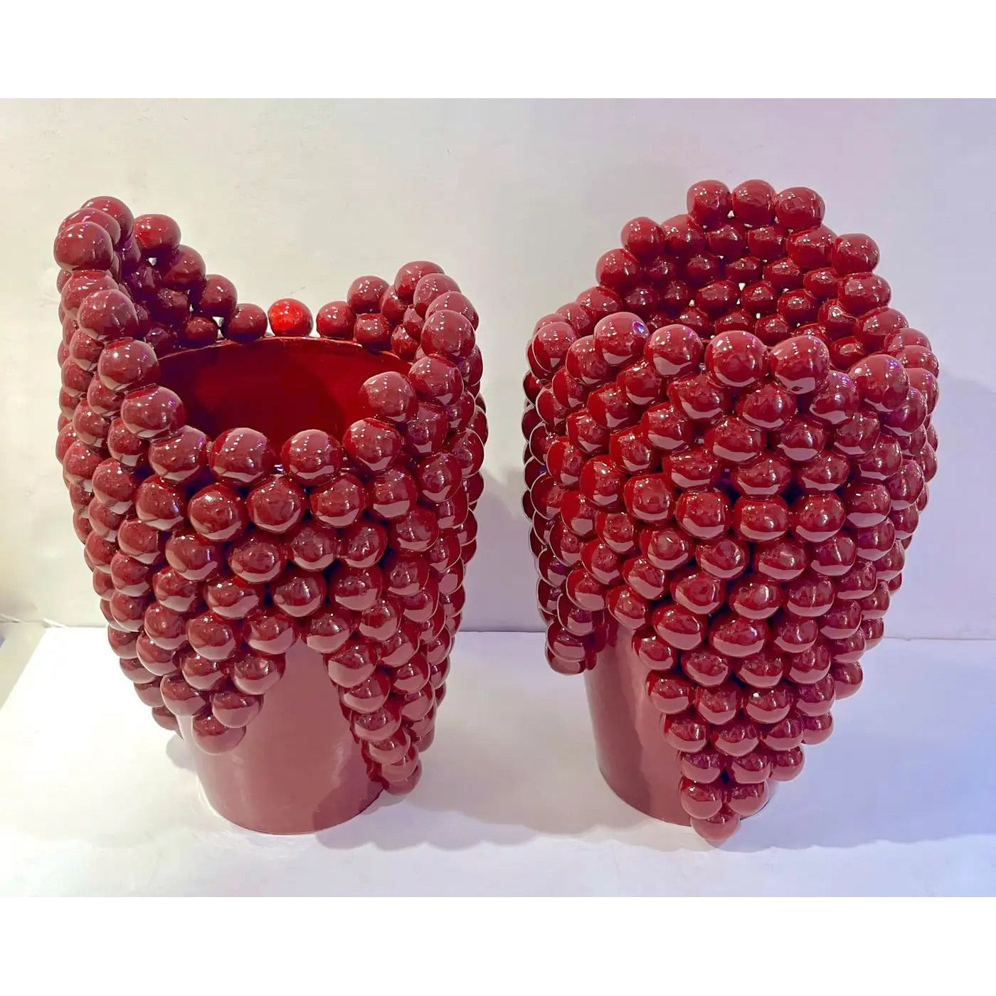 Post-Modern Italian Pair Sculptural Ceramic Dark Wine Vases with Grapevine Decor