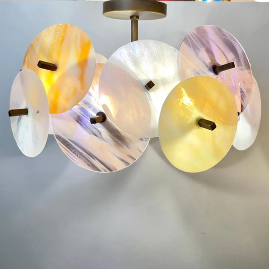 Italian Yellow White Pink Pastel Murano Glass Bronze Circular Sputnik Chandelier