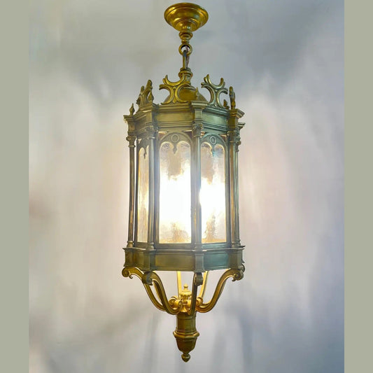 1860 French Antique Gothic Revival Cast Brass Pendant Lantern With Arch Windows