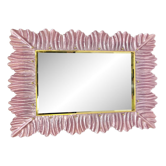 Italian Modern Leaf Design Pearl Pink Crystal Murano Glass Large Brass Mirror