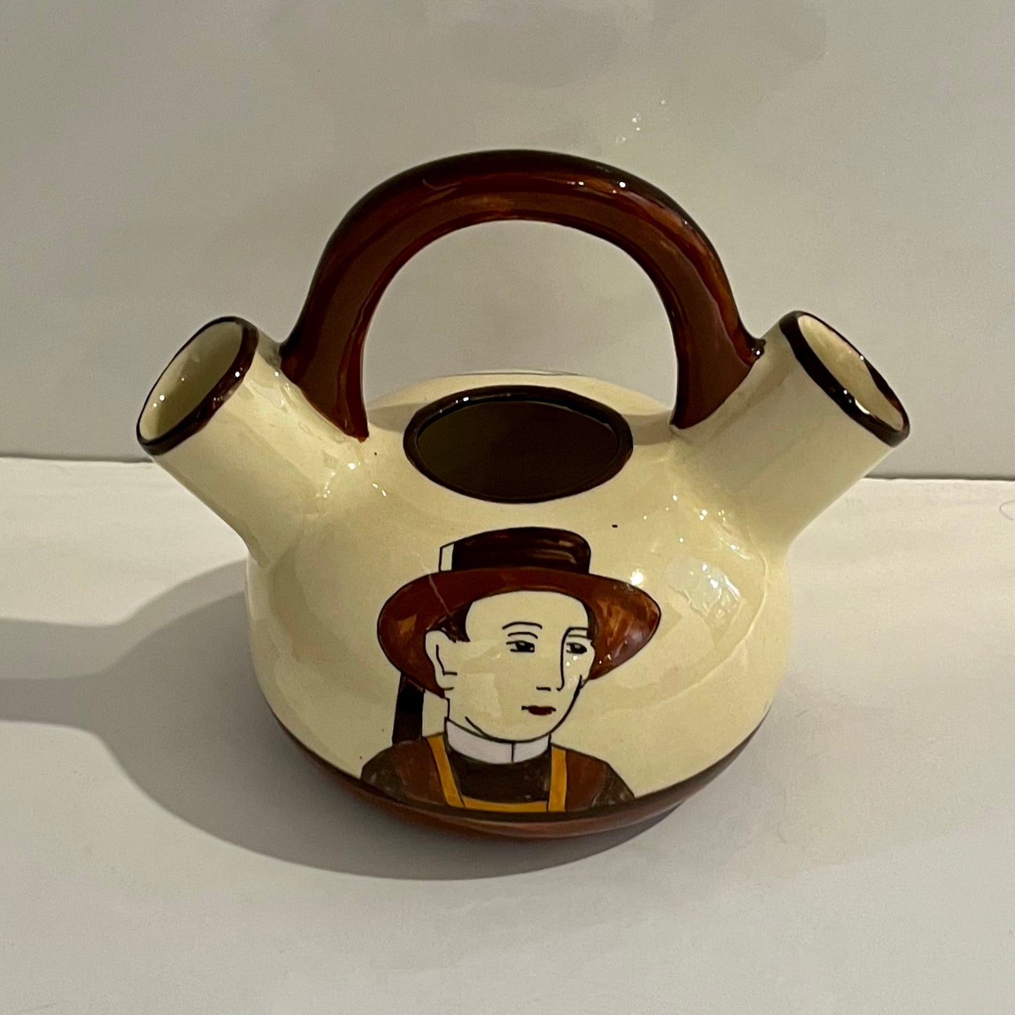 1930 French Henriot Quimper Faience Handle Dual Spout Yellow Pot Man Woman Decor